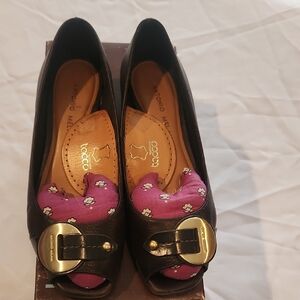 ANTONIO MELANI Brown Peep-Toe Shoes with Gold Buckle